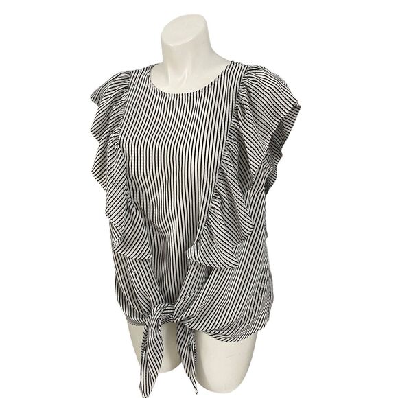 Zac & Rachel Top Womens 1X Blue White Stripe Ruffle Front Tie Nautical Coastal - Picture 2 of 12